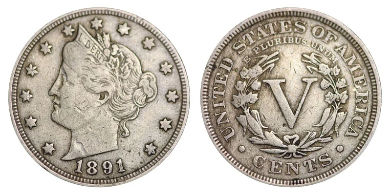 1891 Liberty Head V Nickel obverse and reverse showing LIBERTY headband and V reverse design