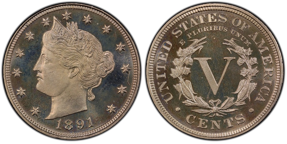 Side-by-side comparison of 1891 Liberty Nickel business strike (satiny luster) versus proof specimen (mirrored fields and frosted devices)