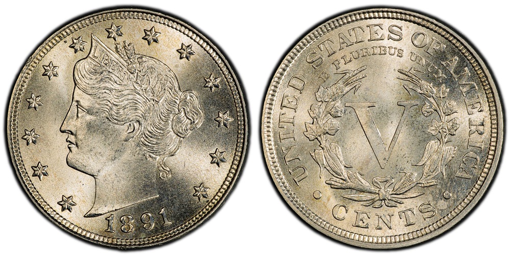 Close-up macro of 1891 Liberty Nickel date showing repunched date (RPD) — ghost impressions of digits visible beneath primary numerals