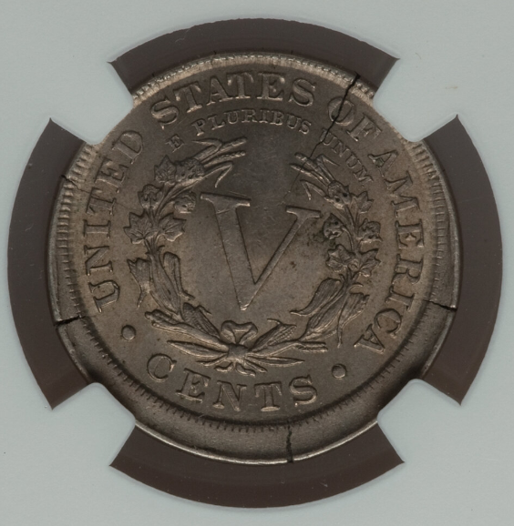 1891 Liberty Nickel broadstrike error showing coin spread wider than normal with design elements extending toward flattened edge