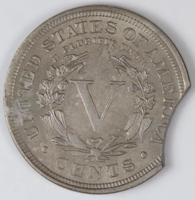 1891 Liberty Nickel clipped planchet error — curved section of the coin's edge is missing where the blank punch overlapped a prior hole in the metal strip