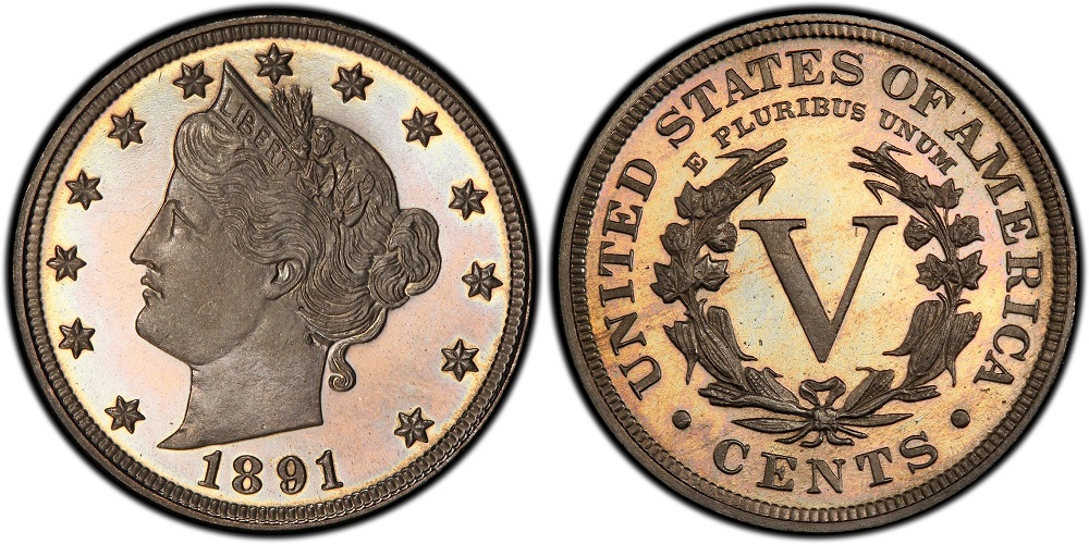 Group of 1891 Liberty Head Nickels in various grades from worn to uncirculated, displayed on dark velvet background