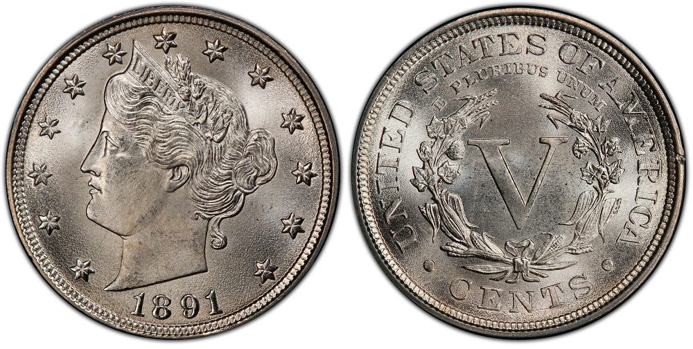 Grading strip of four 1891 Liberty Nickels showing condition progression from Good (heavily worn) to Fine to Extremely Fine to Mint State (brilliant uncirculated)